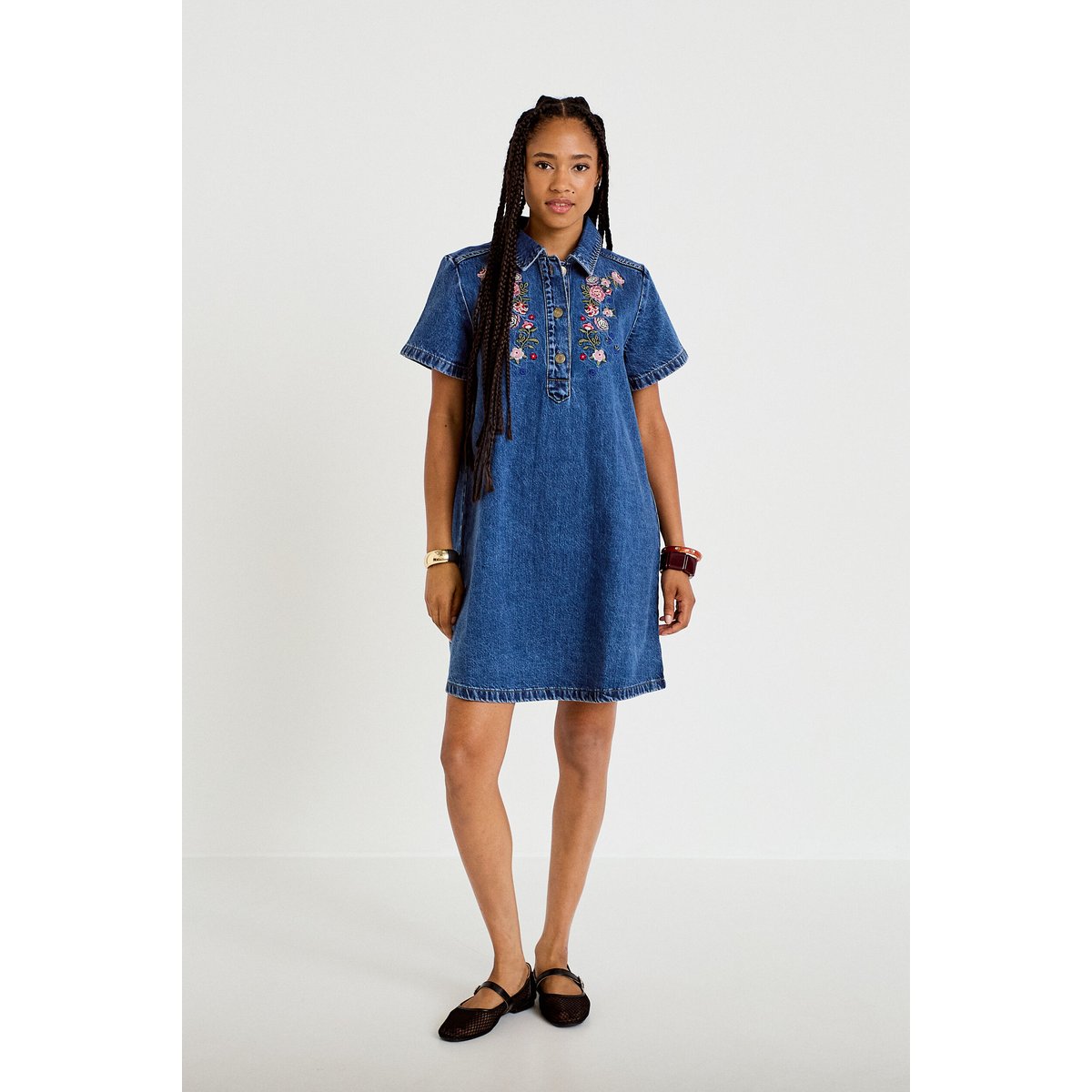 Robe droite courte en jean col chemise denim stone, CACHE CACHE
