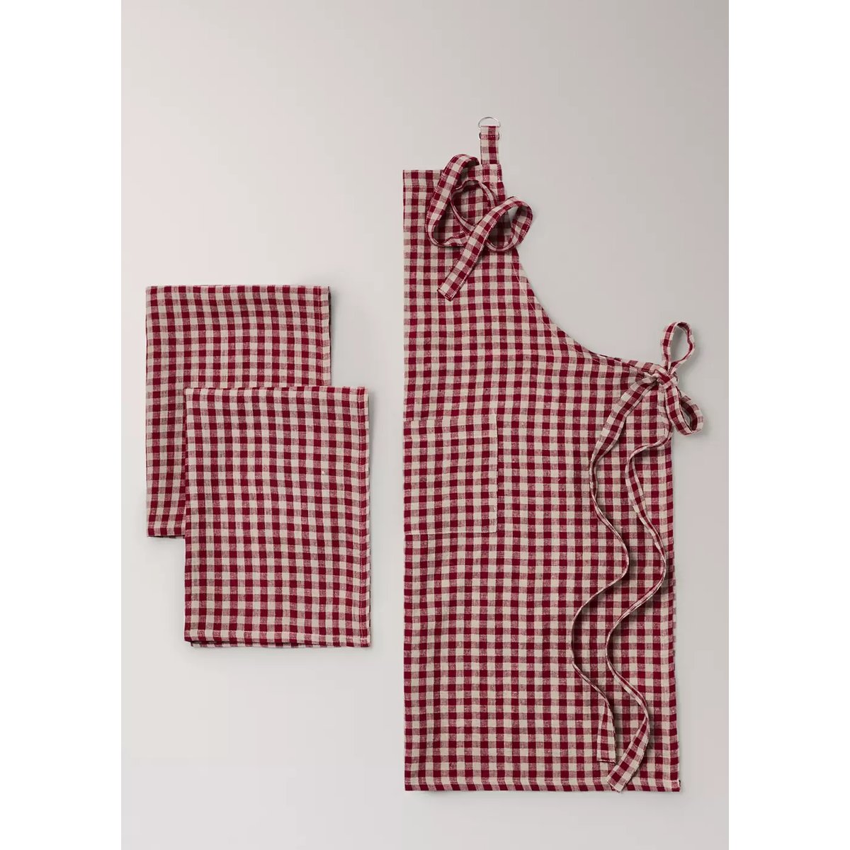 Lot de 2 torchons de cuisine 100 % lin à carreaux de Noël rouge, MANGO HOME