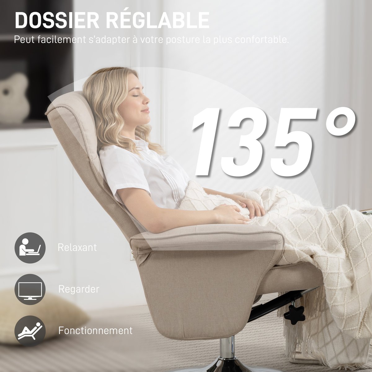 Fauteuil inclinable avec repose-pieds Tissu beige, HOMCOM