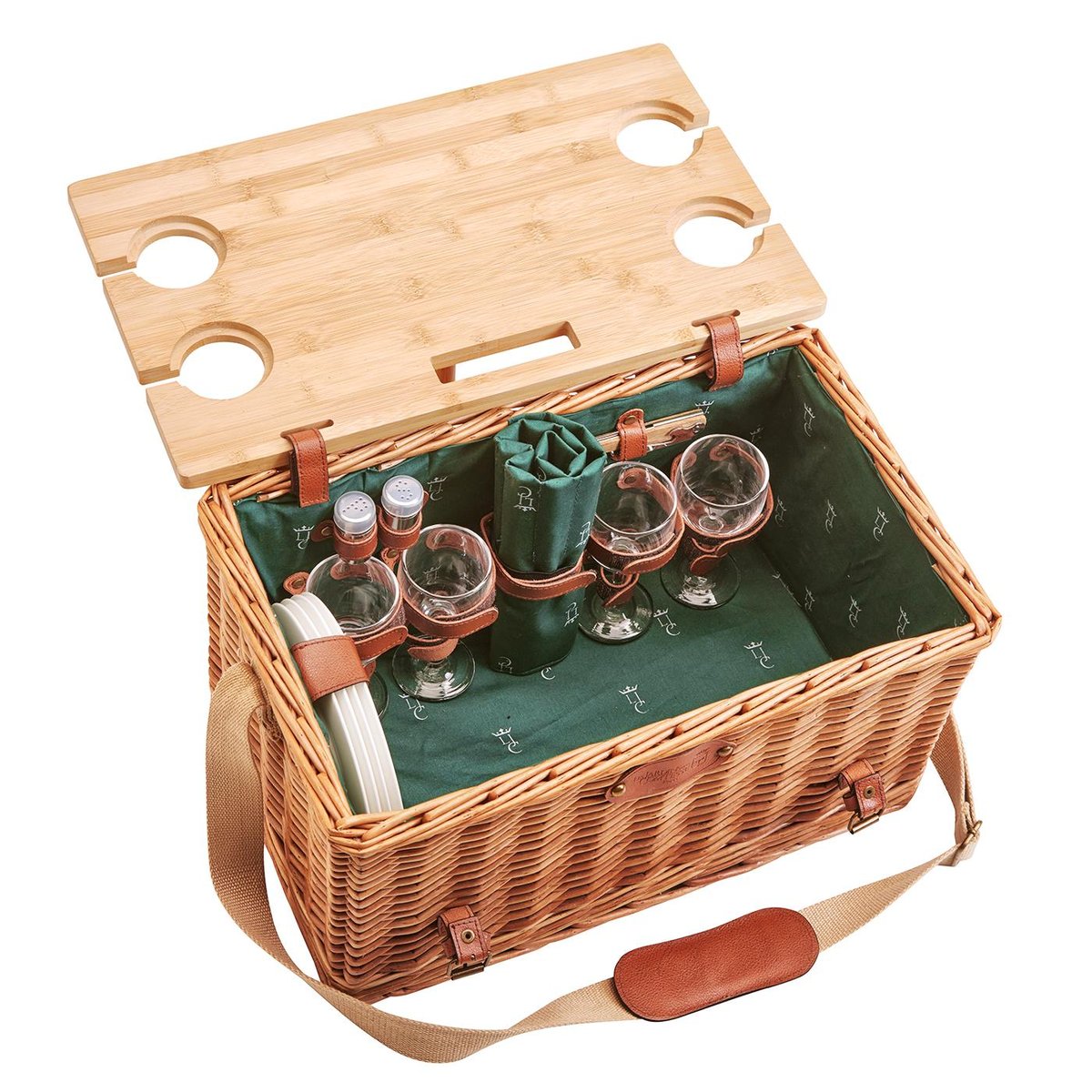 Panier picnic cuir Saint-honoré 4 pers vert foncé, LES JARDINS DE LA COMTESSE