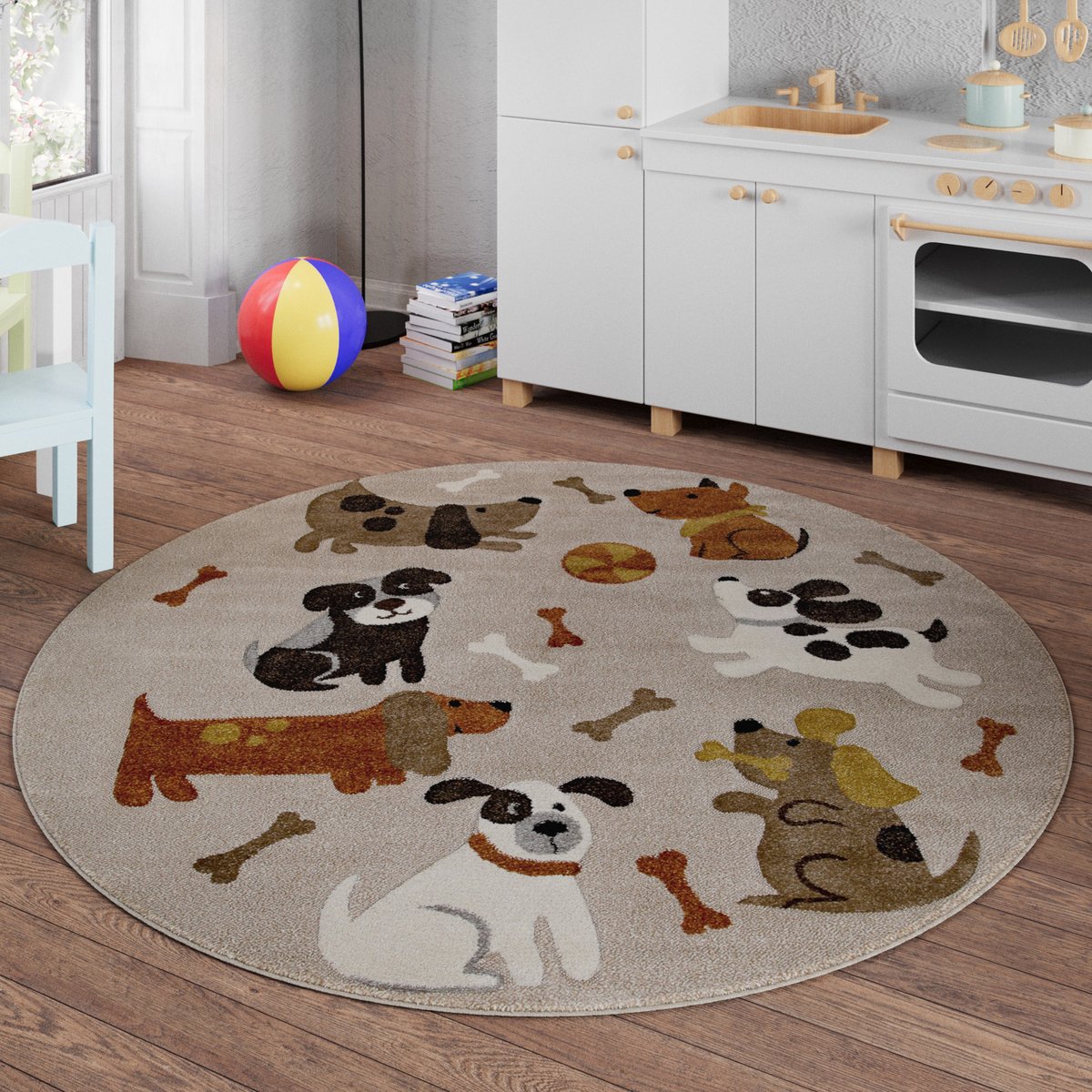 Tapis enfant rond motif chiens , Rocky & Friends sable beige, SMART KIDS