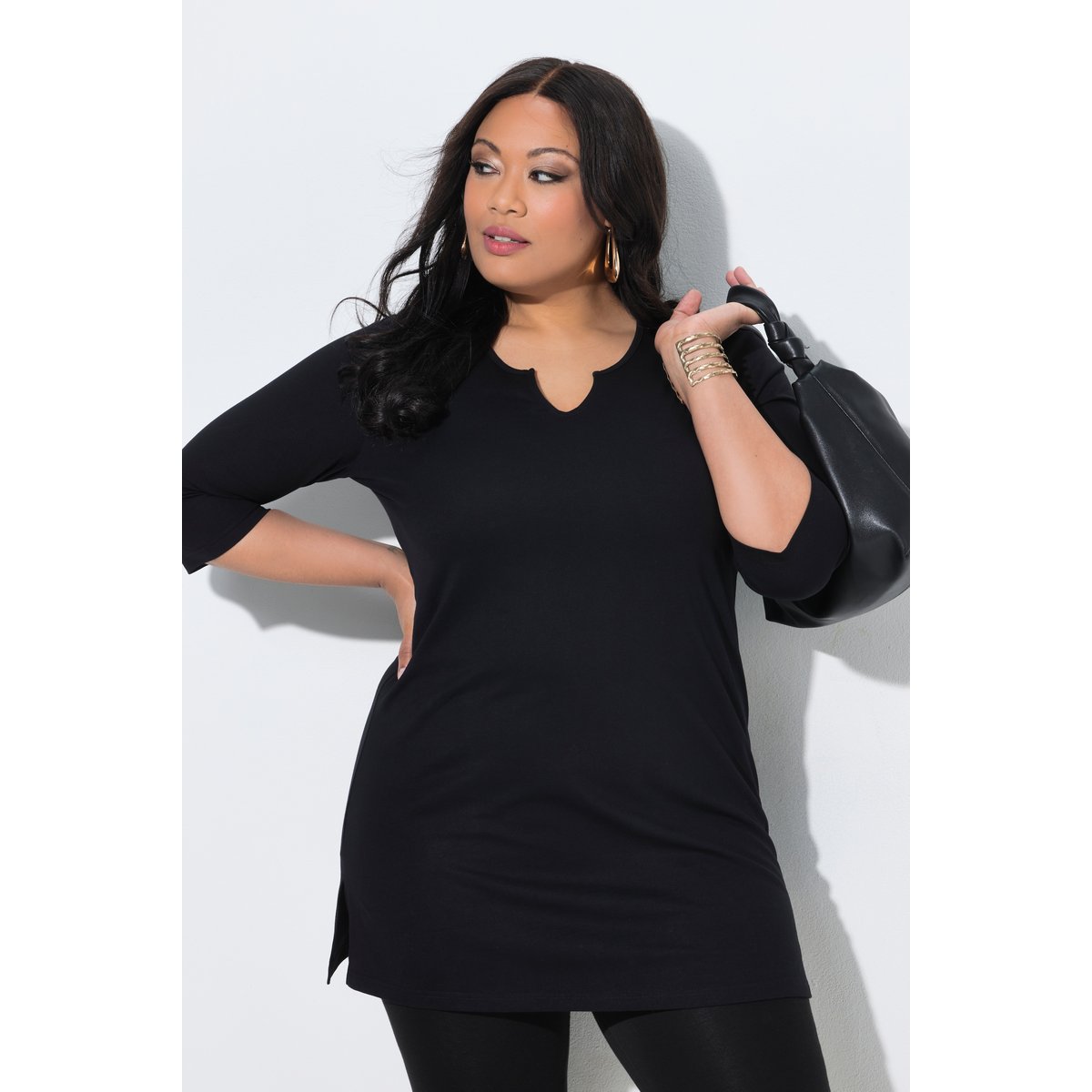 T-shirt long, coupe évasée noir, ULLA POPKEN