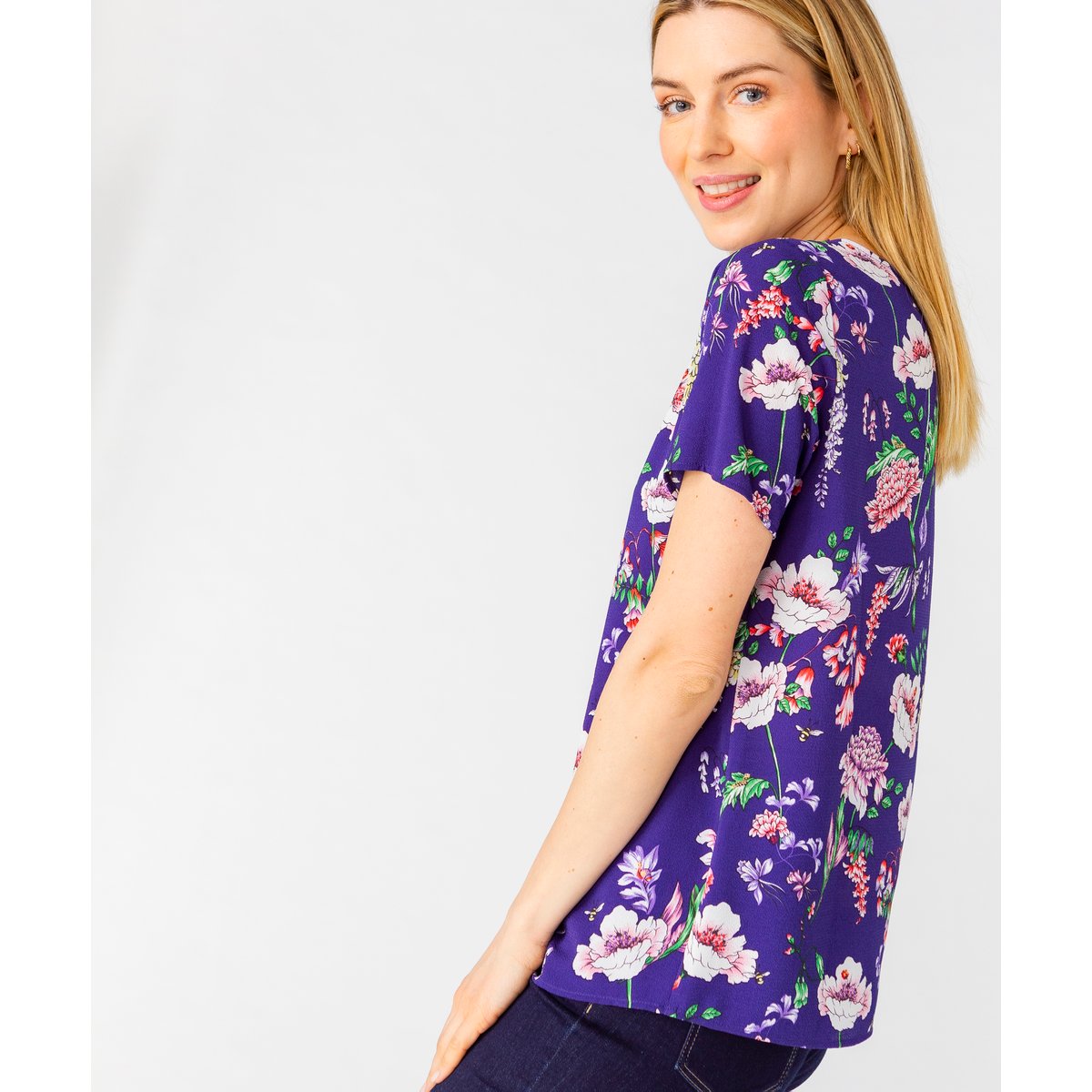 Blouse crêpe stretch bleu marine fleuri, DAMART