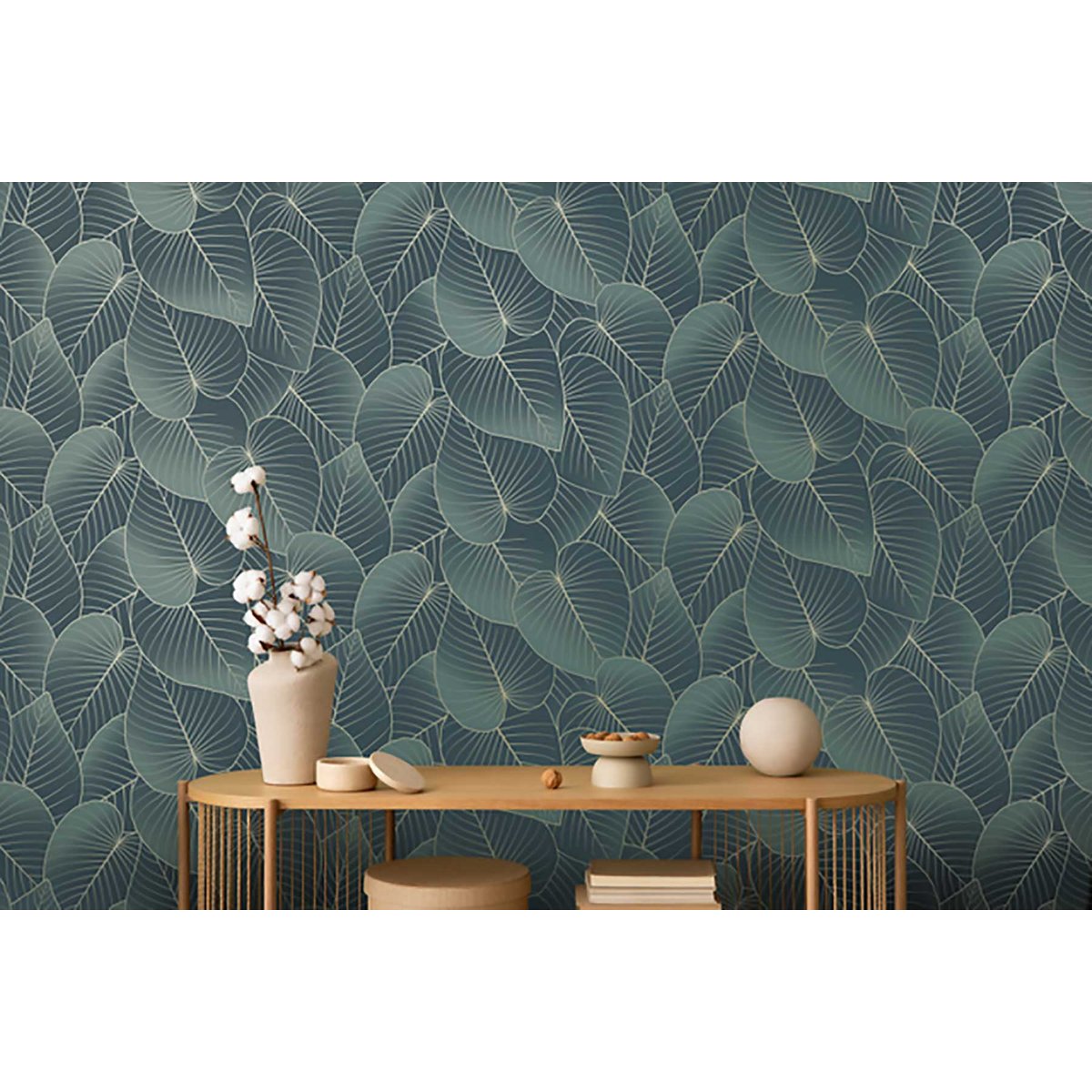 Papier peint feuilles tropicales bleu canard doré vert, HEXOA