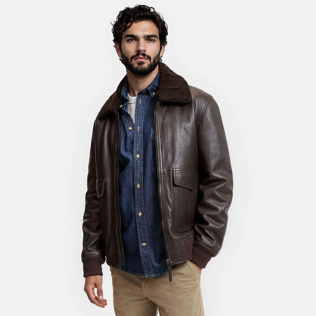 Blouson aviateur en cuir lisse col sherpa rouge cuivre, LA REDOUTE COLLECTIONS