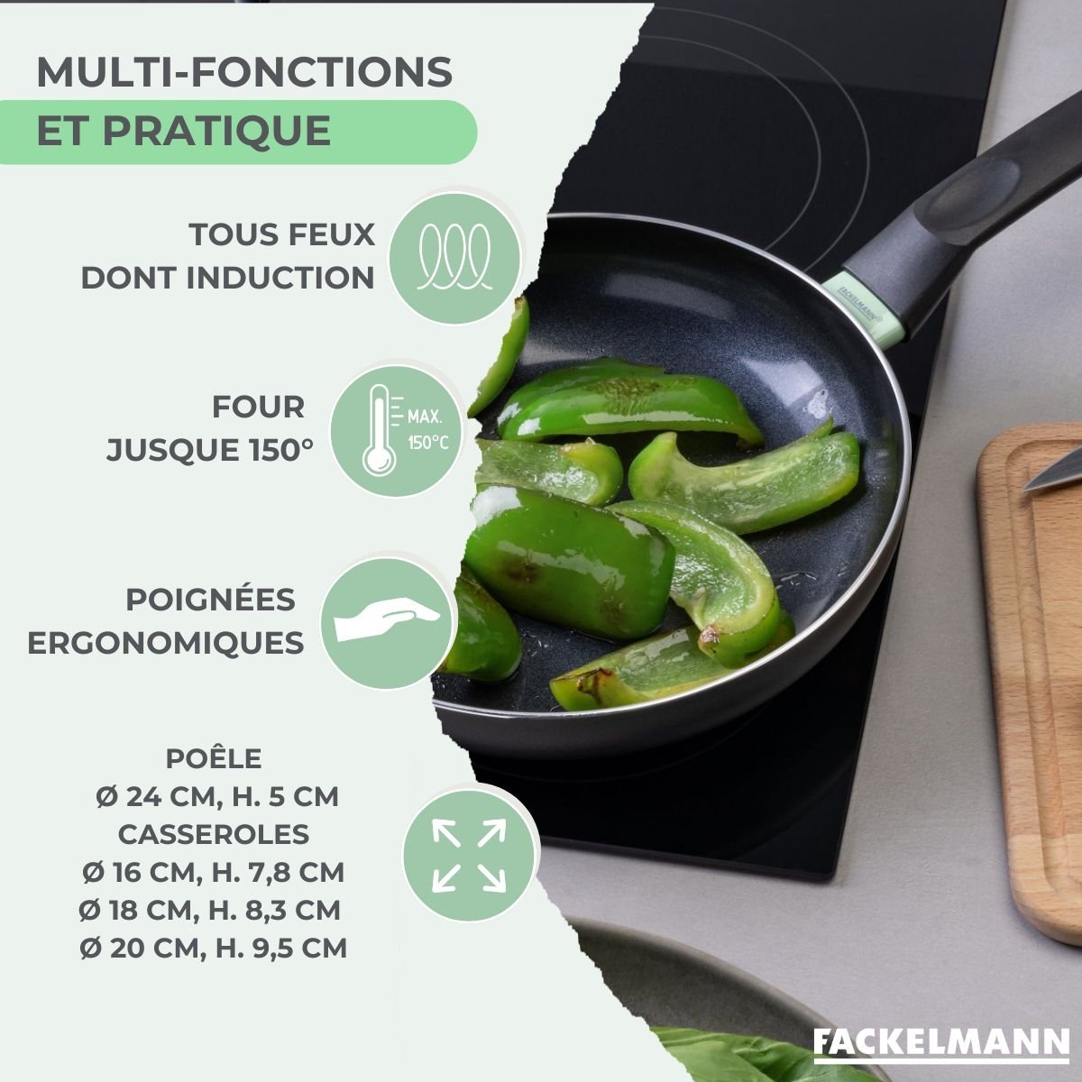 Batterie 1 poêle 28cm + 3 casseroles 16/18/20cm BRANDAO VARIO noir|vert, FACKELMANN