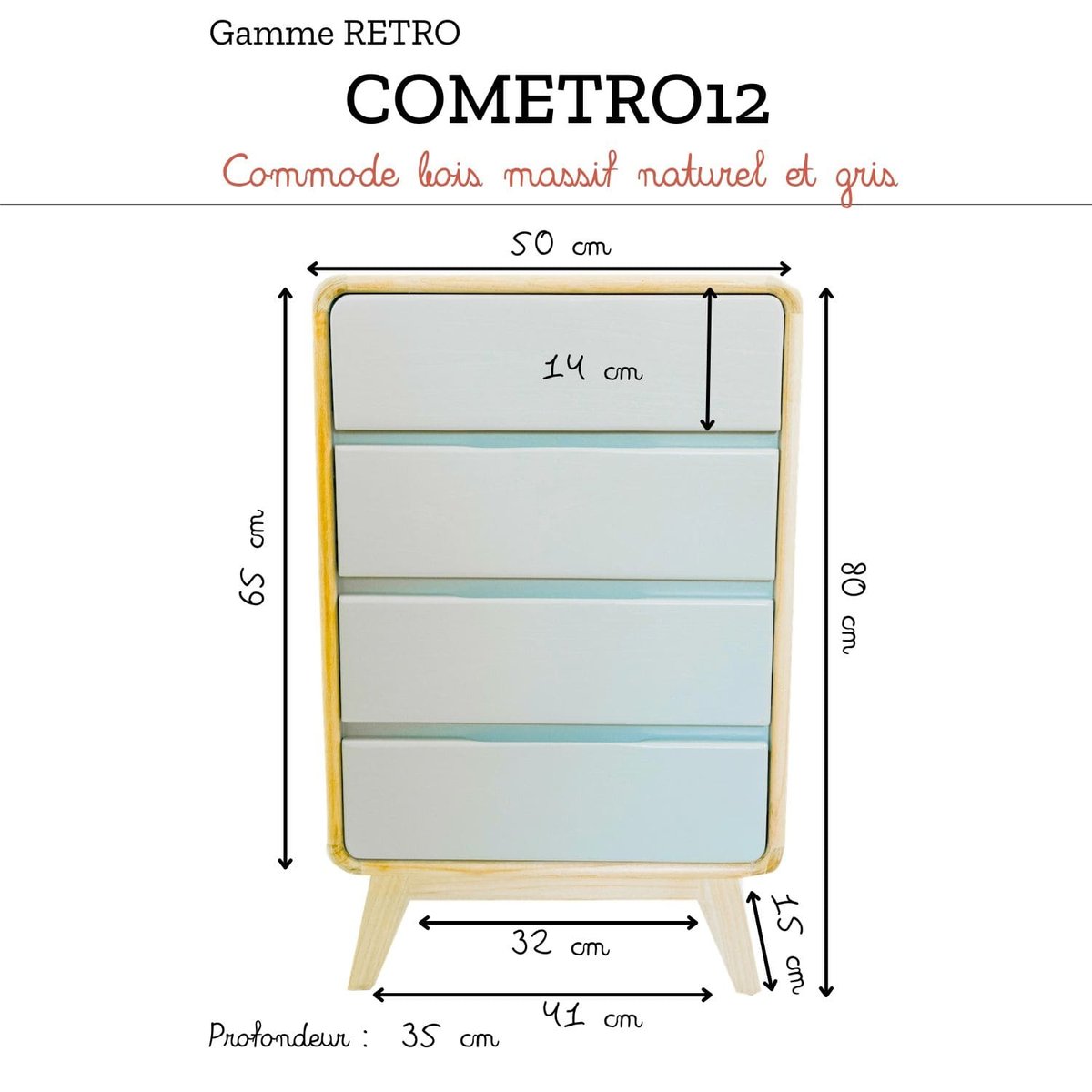 Commode en bois massif naturel et gris - RÉTRO naturel, SAUDARA COLLECTIONS
