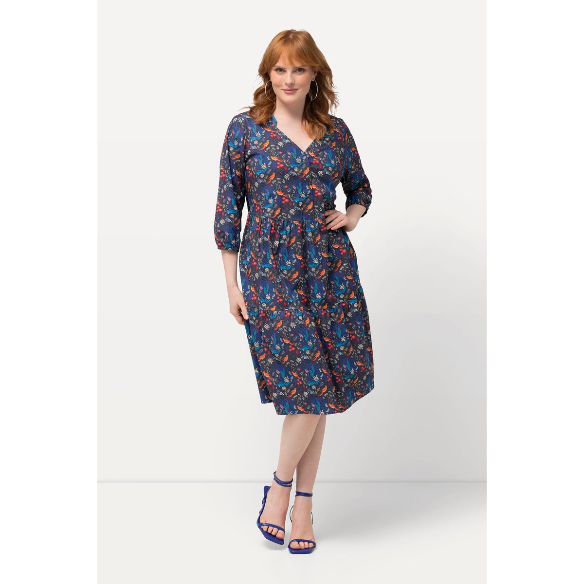 Robe tunique, oiseaux du paradis, col V marine, ULLA POPKEN