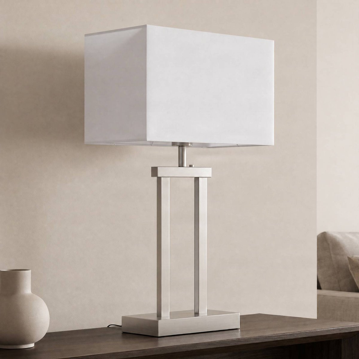 Lampe à poser en textile moderne, Sigurd blanc, nickel satiné, LINDBY