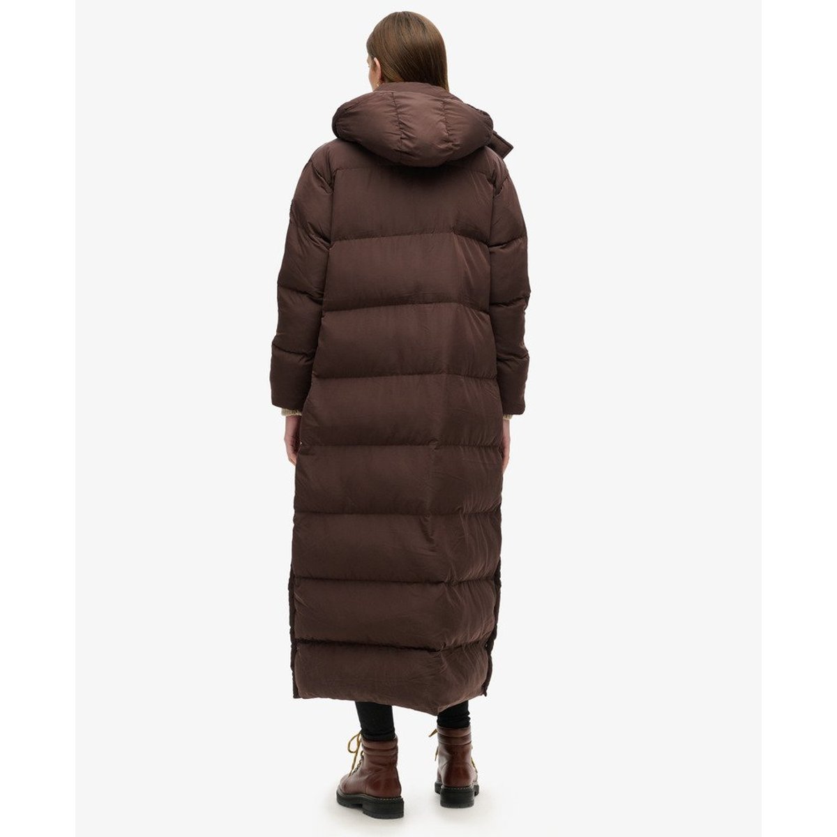 Doudoune maxi à capuche marron grain de café, SUPERDRY