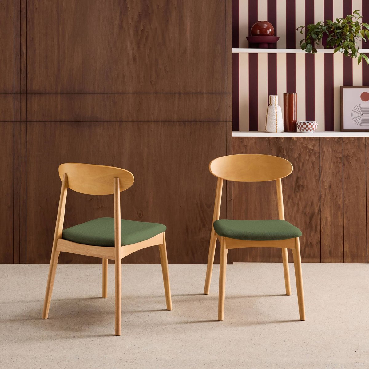 Chaise vintage bois d'hévéa naturel et tissu (lot de 2) ARIA kaki, SWEEEK