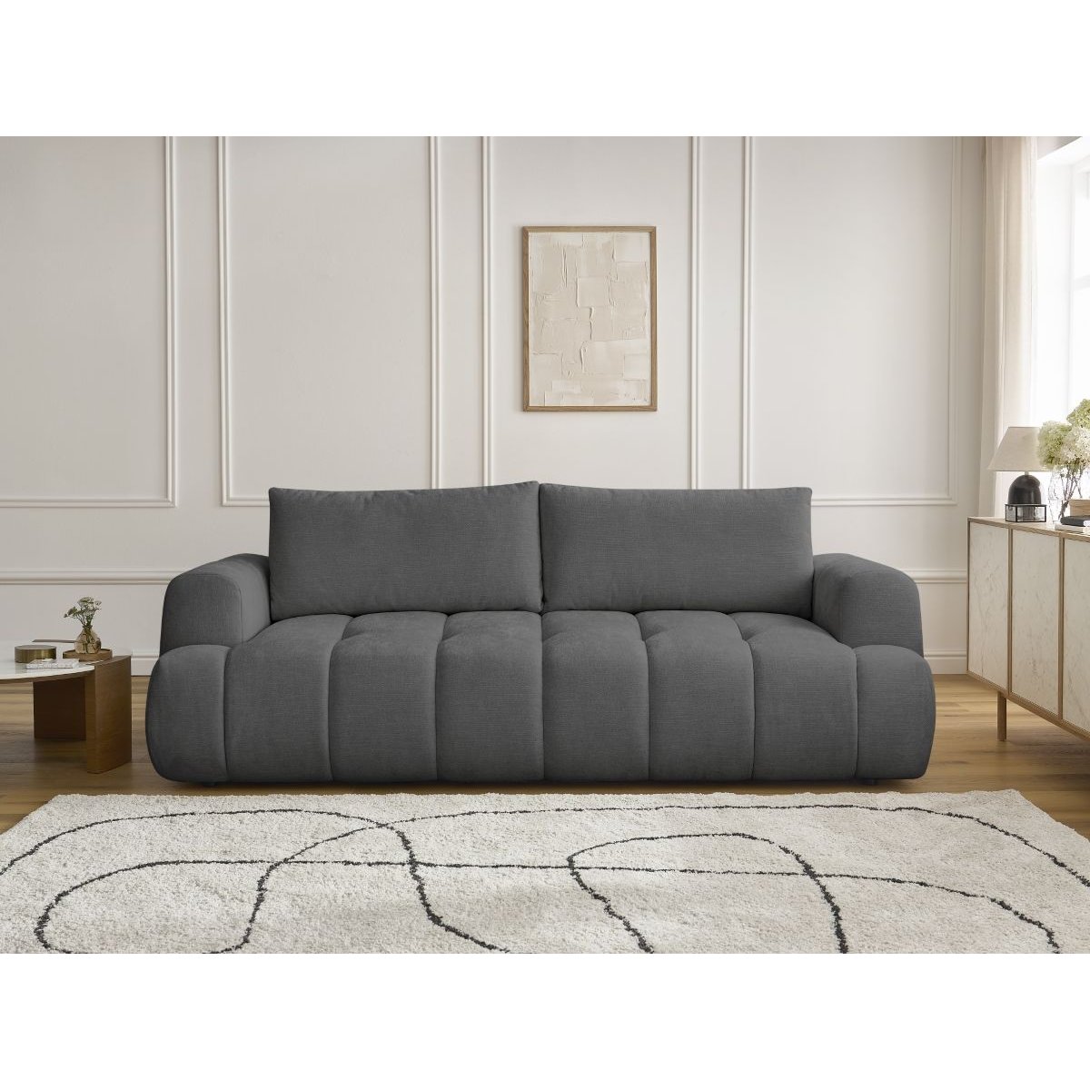 Canapé droit convertible 3 places en tissu lisse, FUJI gris foncé, BOBOCHIC