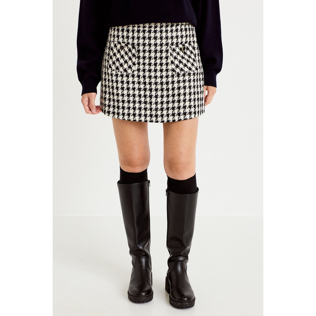 Jupe-short trapèze tweed taille haute noir, CACHE CACHE
