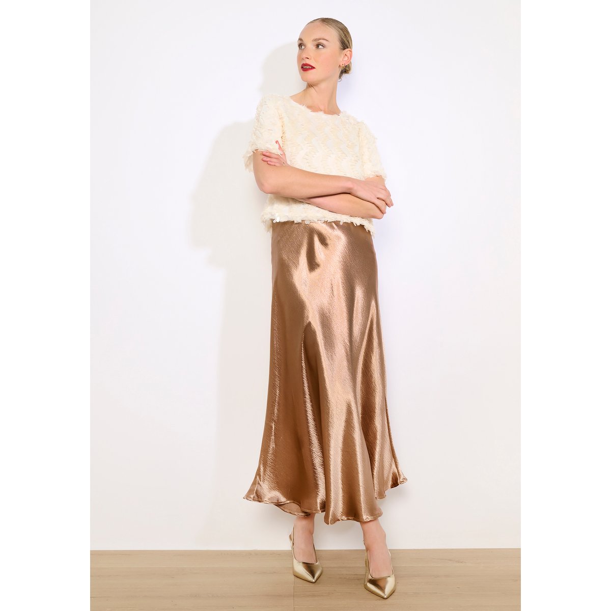 Jupe satinée fluide clair camel, LOLALIZA