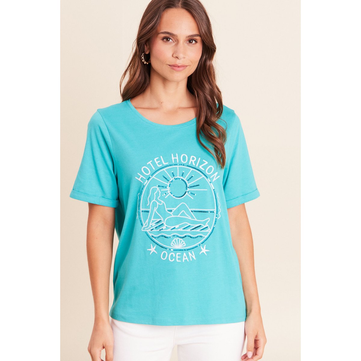 T-shirt col rond manches courtes brodé vert turquoise, BREAL