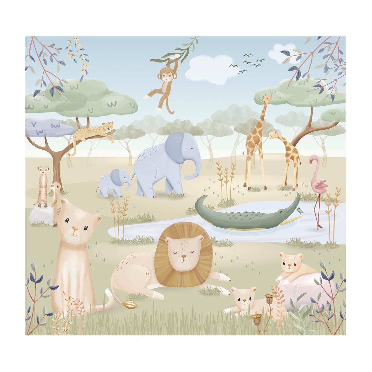 Papier peint panoramique pour enfant Petits animaux de la savanne coloris pastel, LITTLE DUTCH