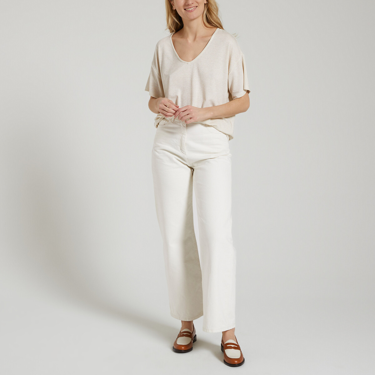 T-shirt oversized a righe sottili brillanti ecru , PIECES