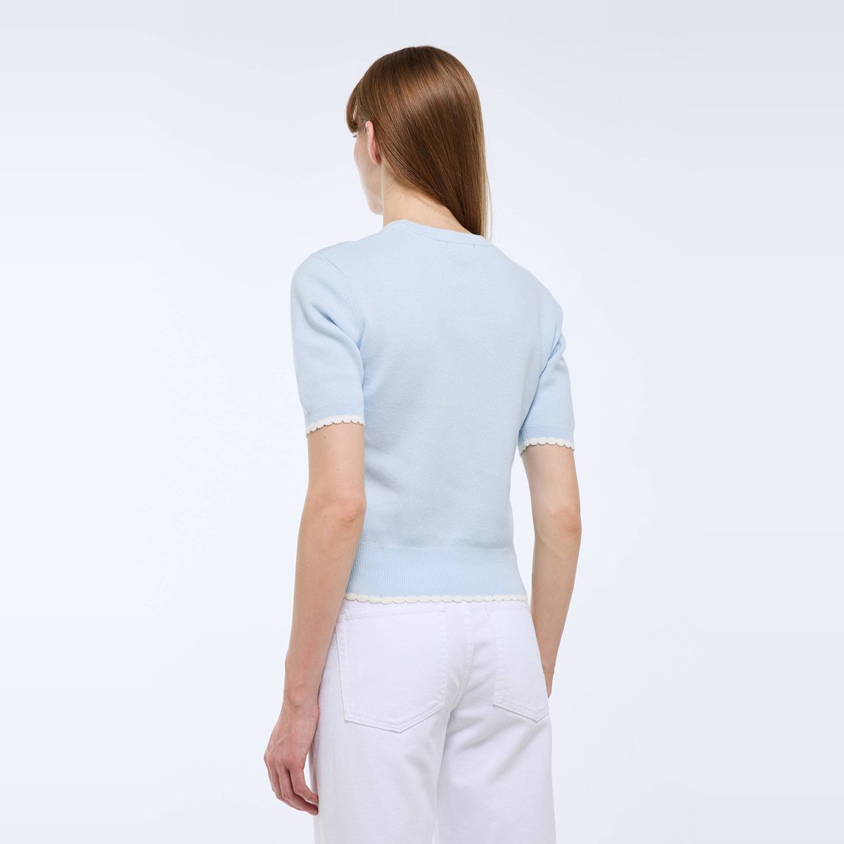 Pull manches courtes à bords constrastés en coton BIO GOTS nuage, MONOPRIX