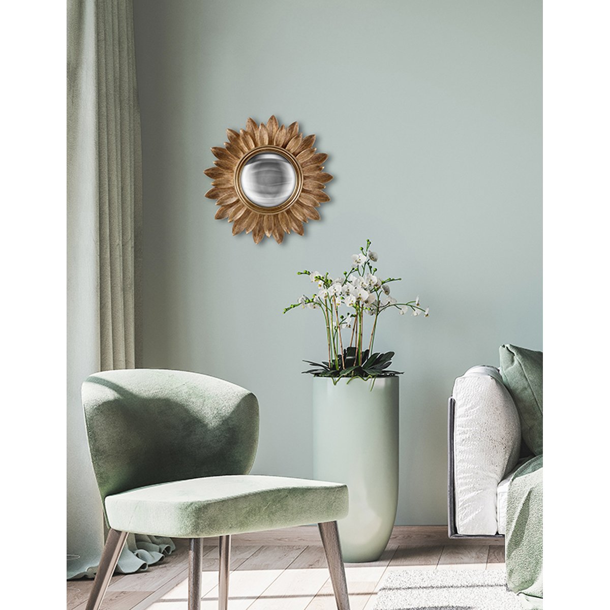 Miroir rond convexe contours feuille 30 cm or, EMDE