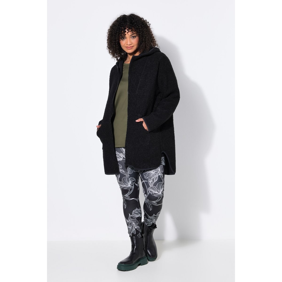 Veste longue en polaire bouclée noir, ULLA POPKEN