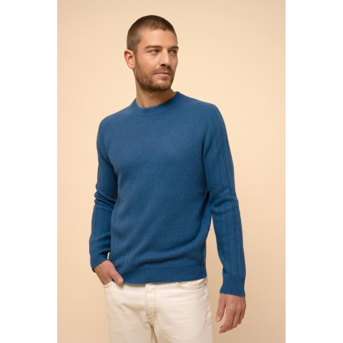 Pull Col Rond 4 Fils Paon Lukka bleu vert, JUST CASHMERE