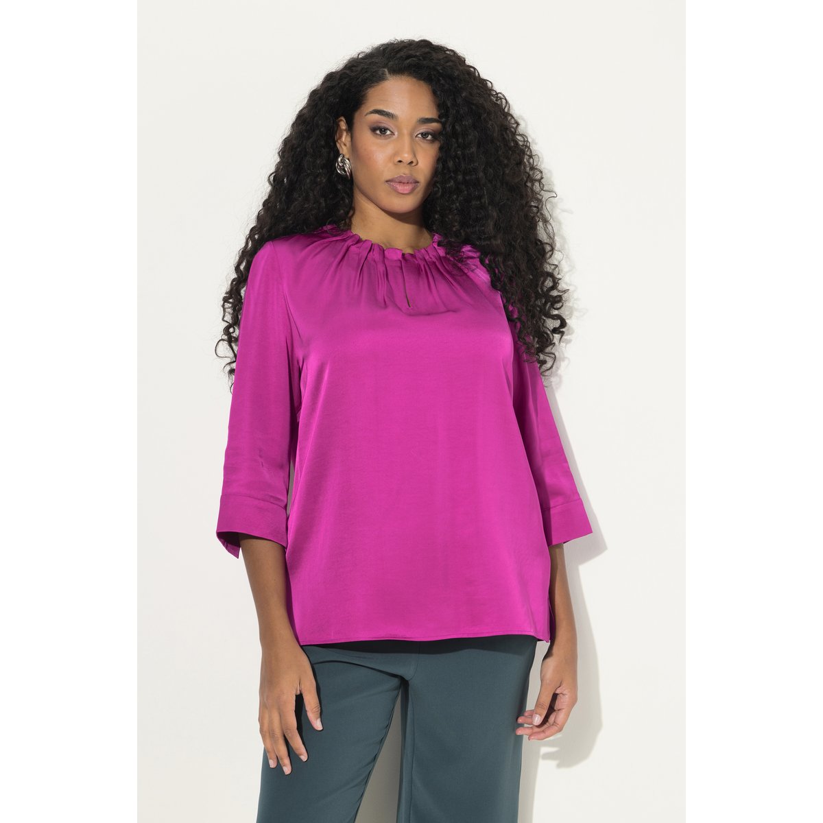 Blouse avec décolleté froncé, manches 3/4 magenta, ULLA POPKEN