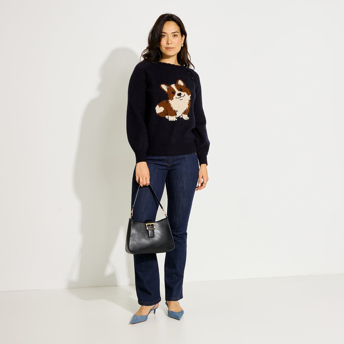 Pull en maille col rond chien bleu marine, GRAIN DE MALICE