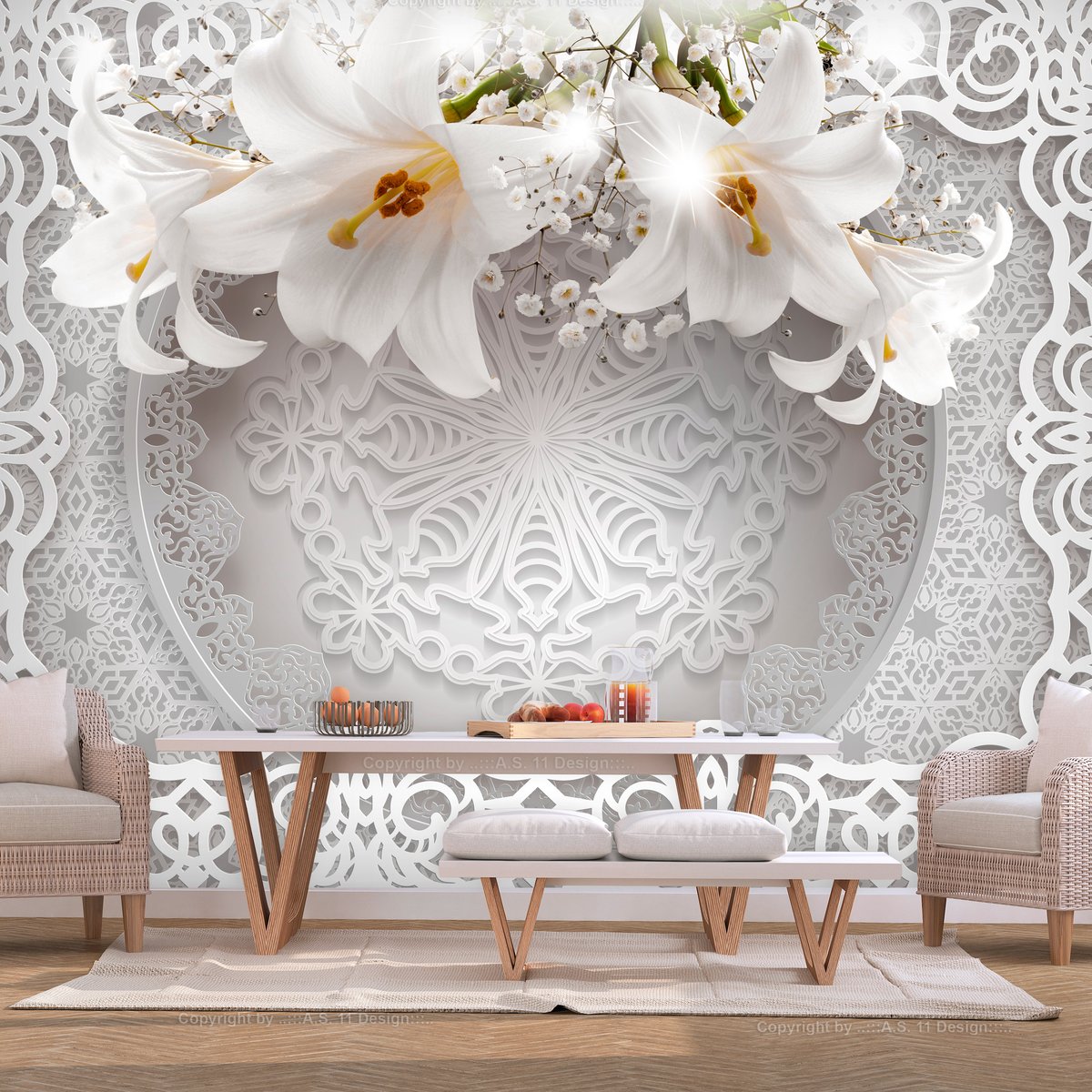 Papier peint intissé panoramique Fleurs Lilies and Ornaments jaune / doré, EDEN