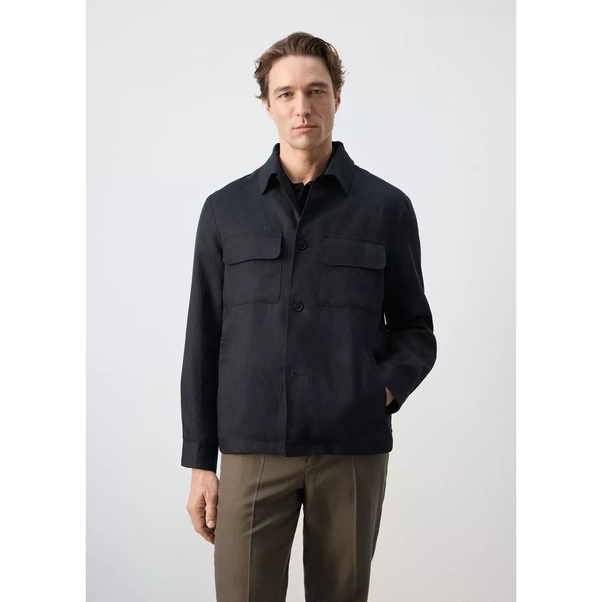 Veste lyocell froncée au dos bleu marine, MANGO MAN