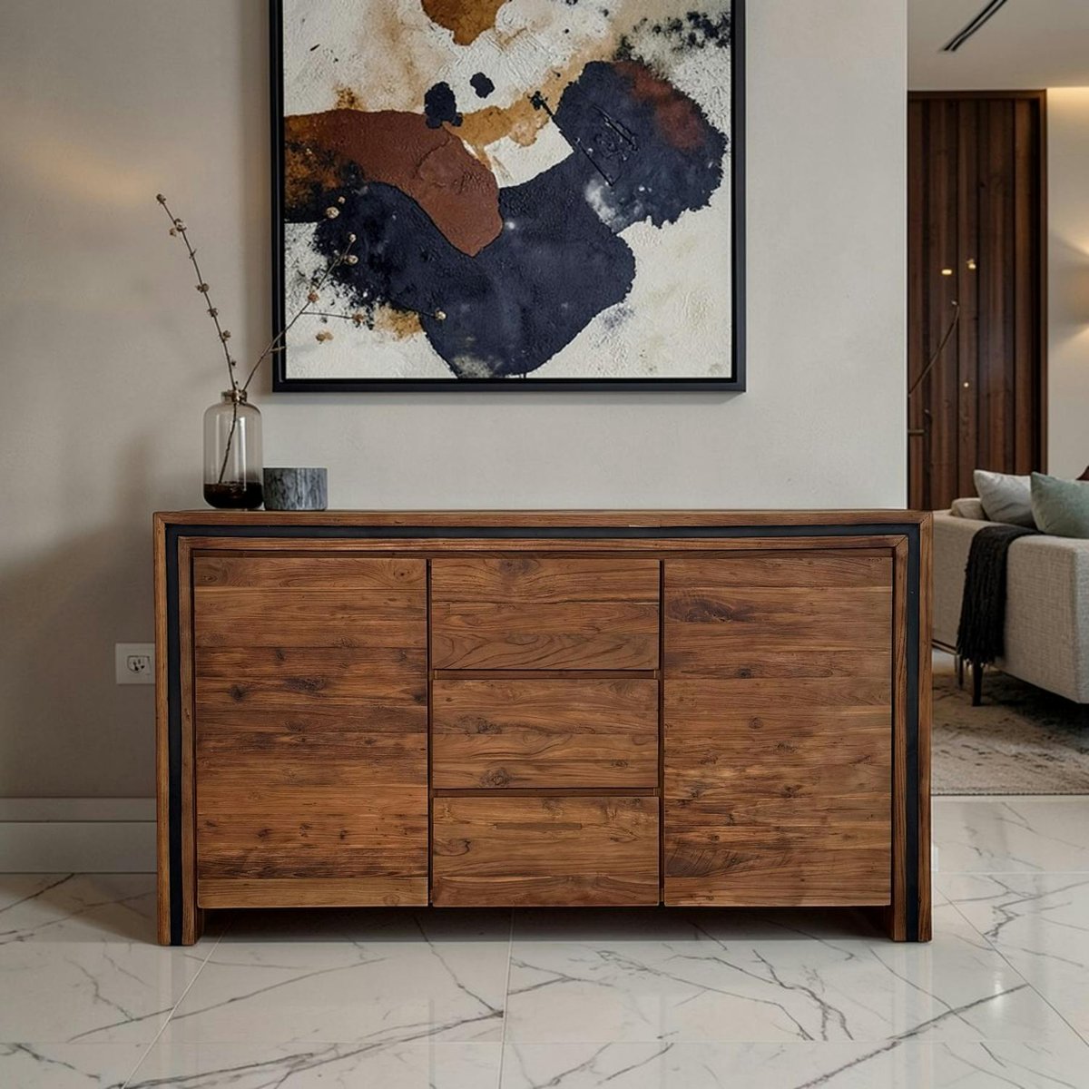 Buffet en bois recyclé de teck 2 portes 3 tiroirs VADOD bois naturel, PIER IMPORT
