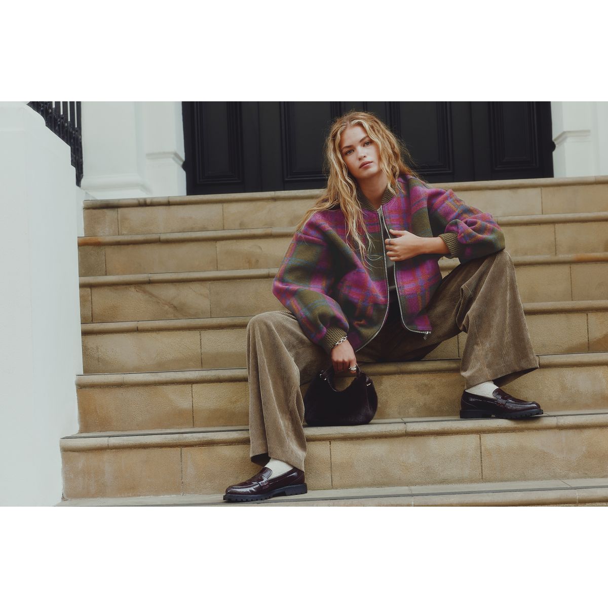 Blouson aviateur brossé à détails côtelés carreaux vert olive/rose, NEXT