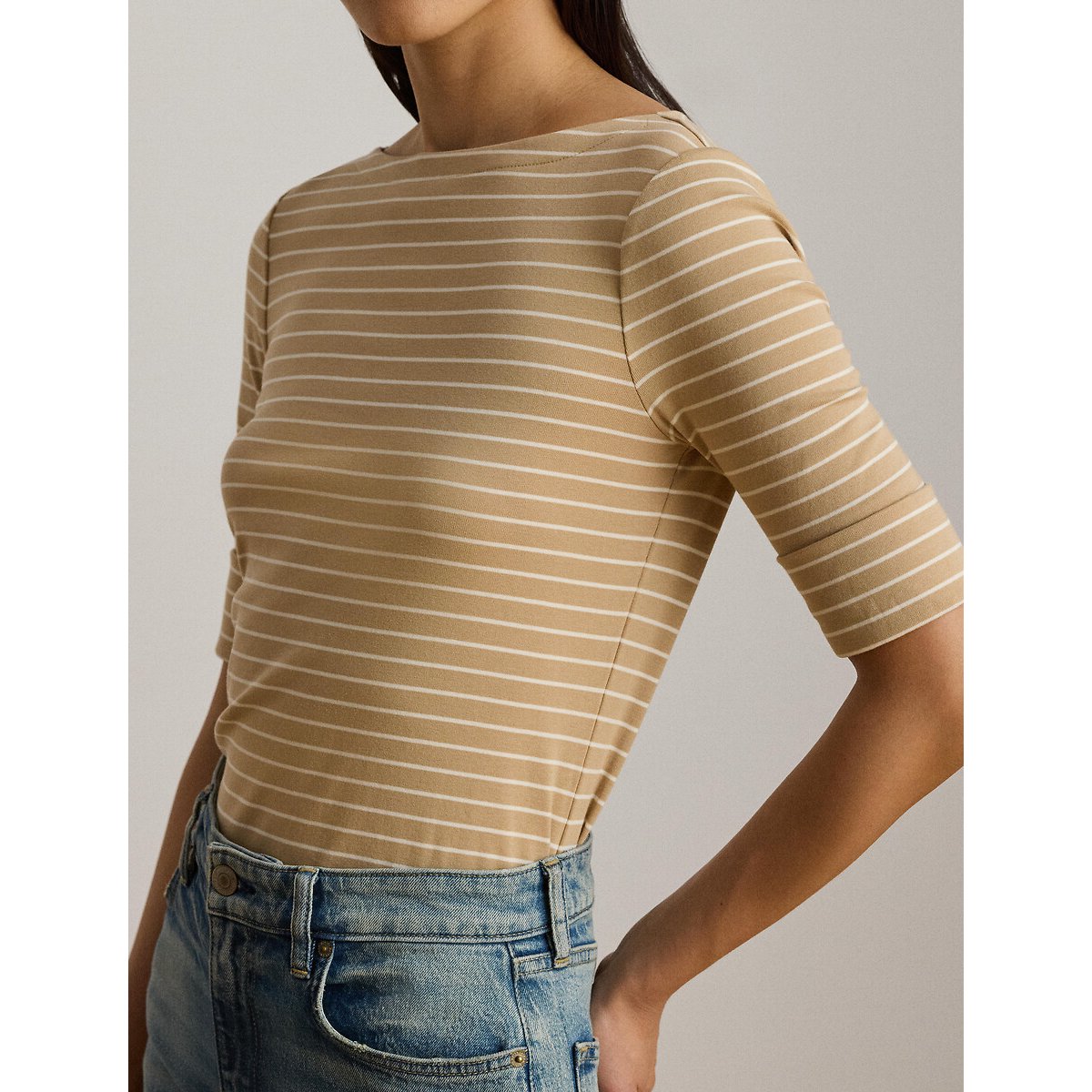 T-shirt manches courtes col bateau à rayures  beige, LAUREN RALPH LAUREN