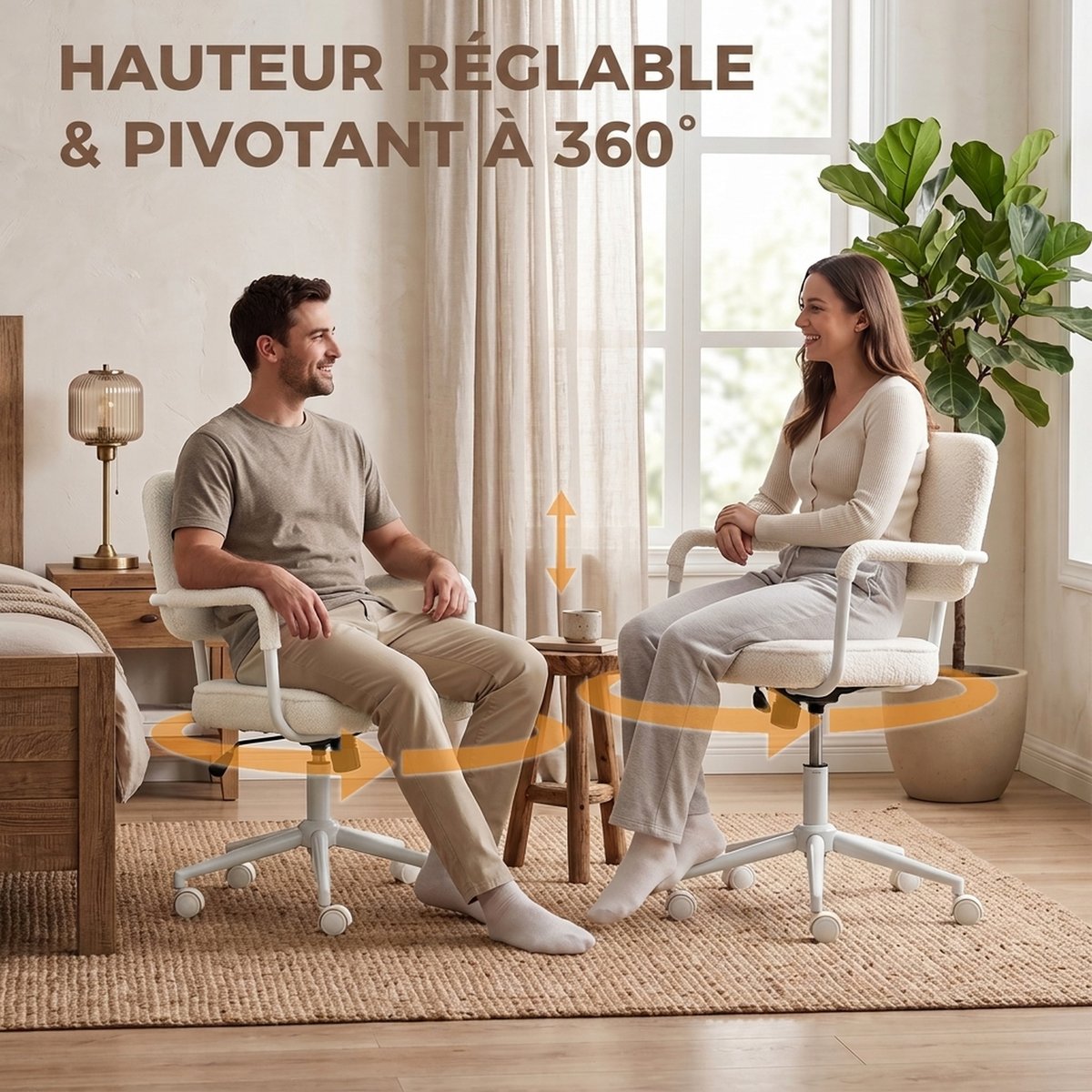 Chaise de bureau Tissu bouclette (100 % blanc crème, HOMCOM
