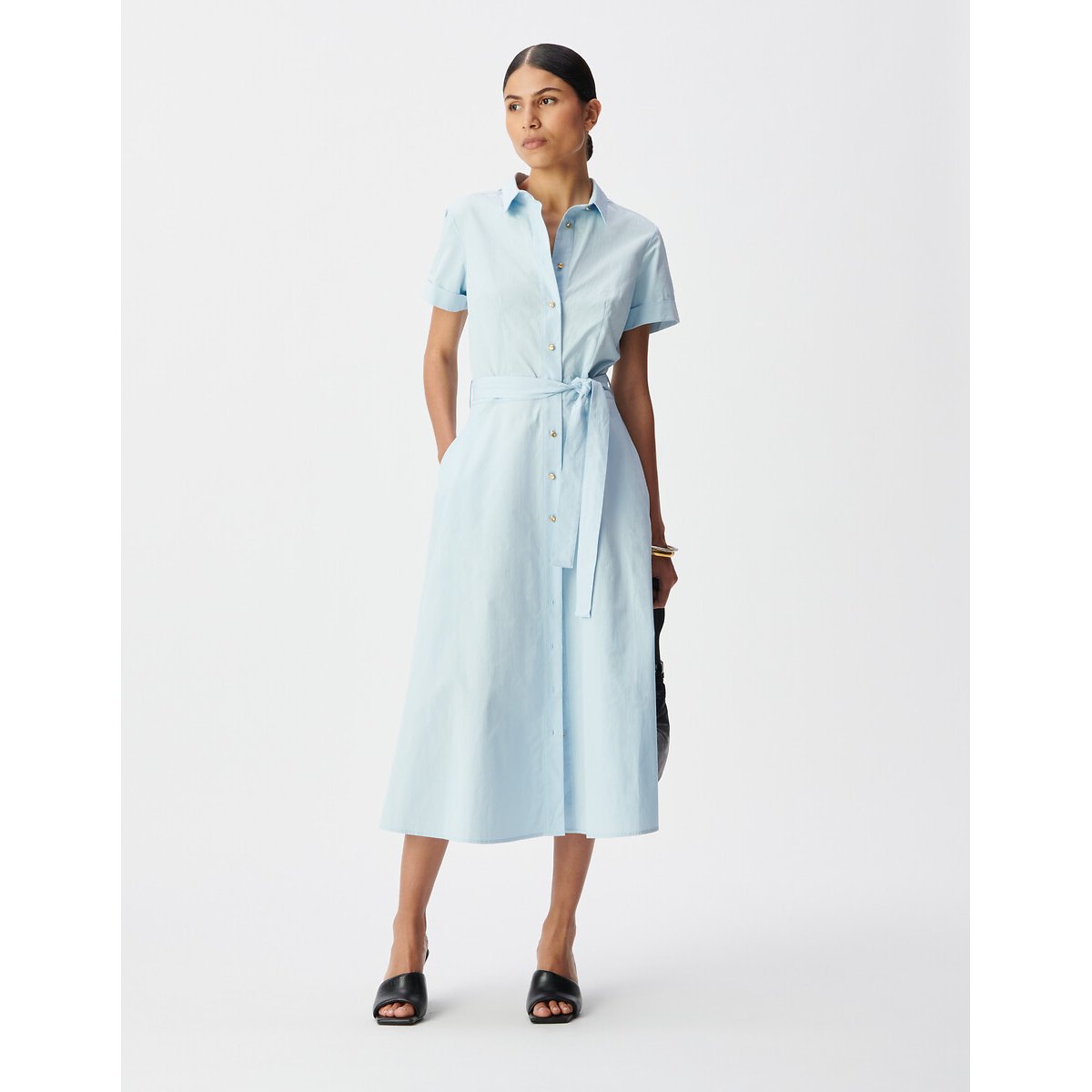 Vestido camisero midi de manga corta con cinturón azul chambray, IKKS