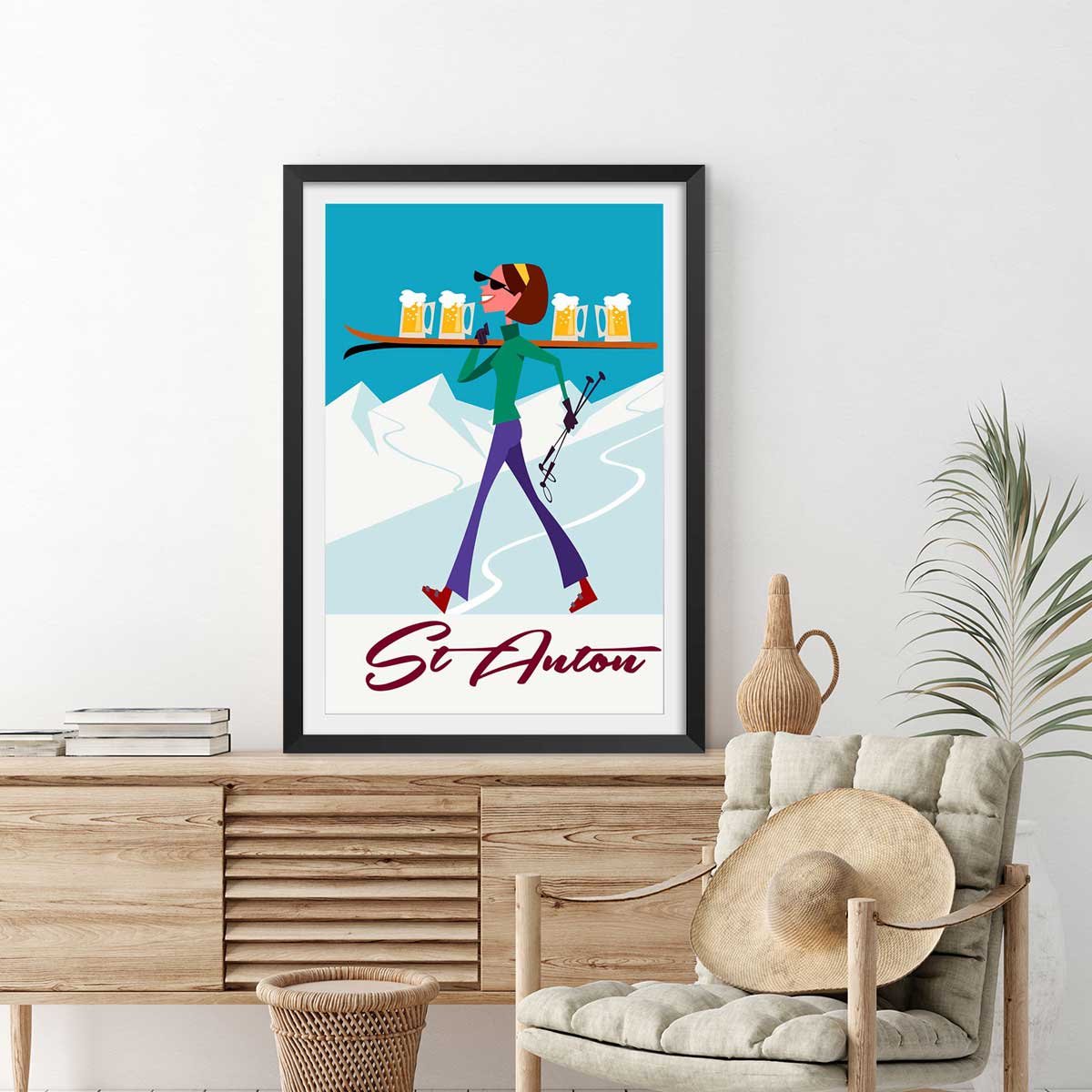 Poster retro chope à st anton affiche + cadre en bois - noir, HEXOA