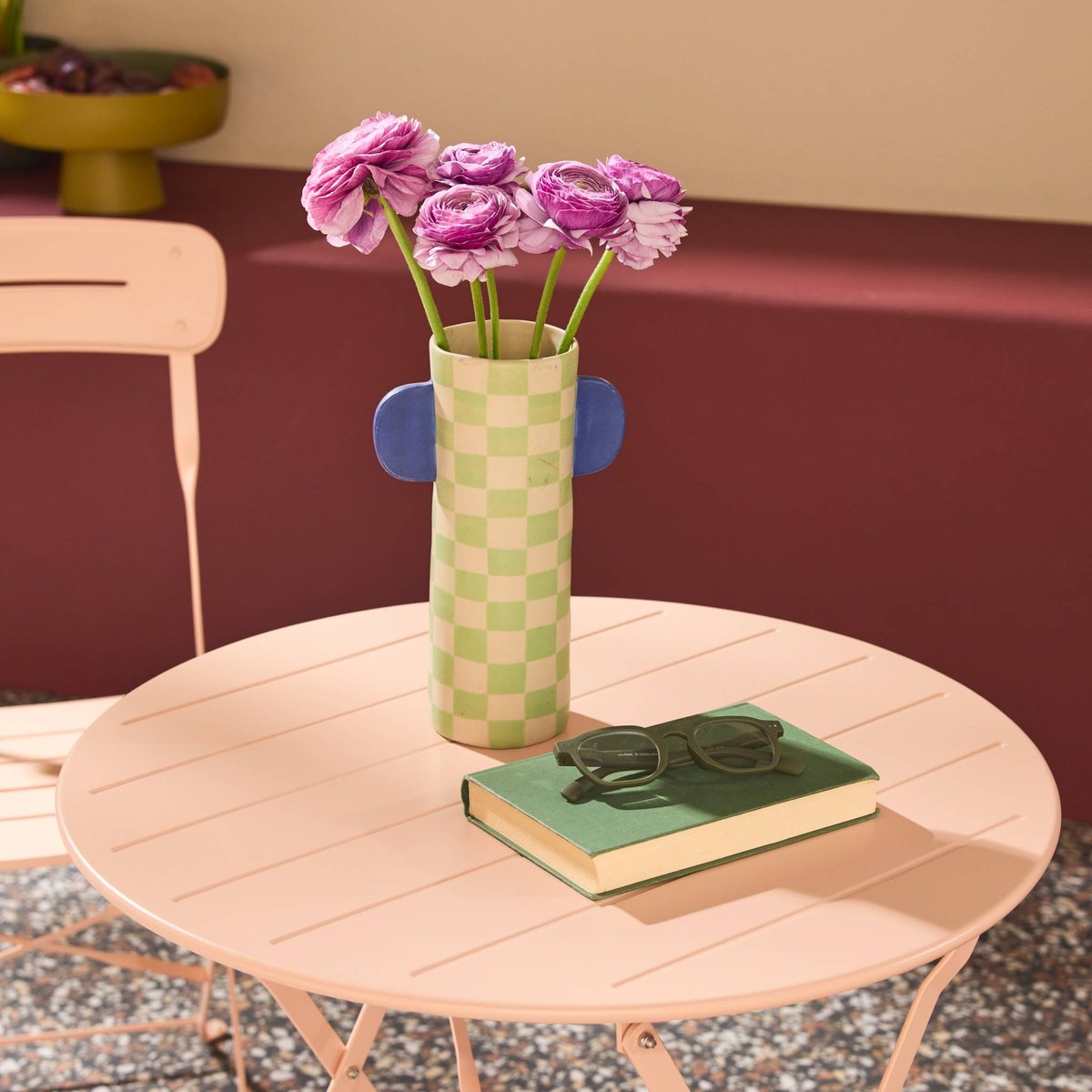 Table de jardin bistrot pliante ronde acier + 2 assises BALCONEA rose, SWEEEK