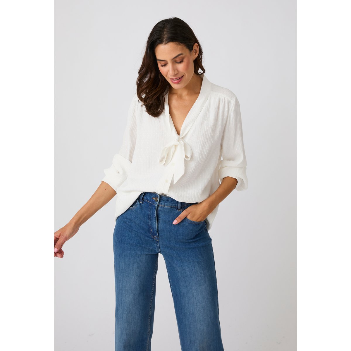 Chemisier lavallière jacquard reliéfé blanc cassé, DAMART
