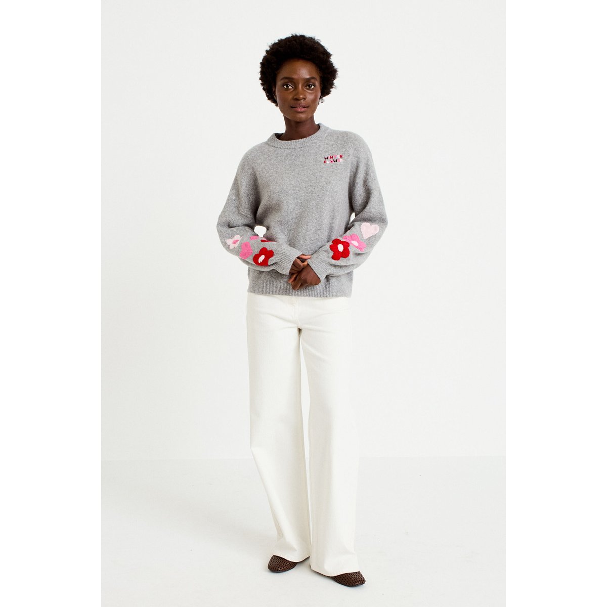 Pull oversize broderie col rond gris clair, CACHE CACHE