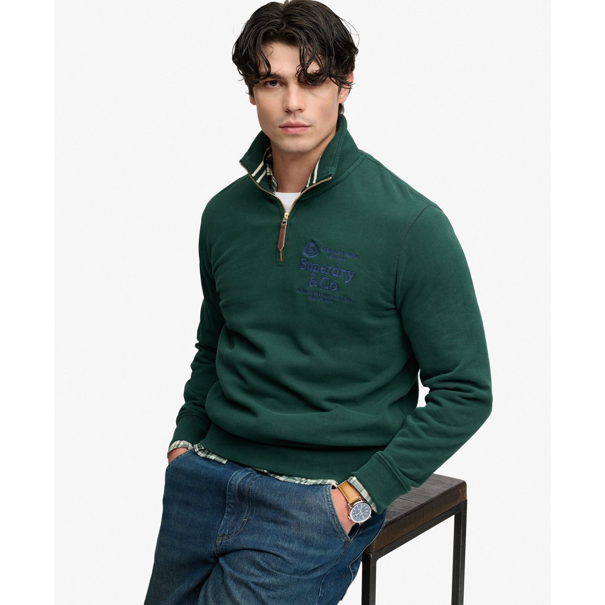 Sweat Demi-Zip Company Logo Coupe Décontractée vert émail, SUPERDRY