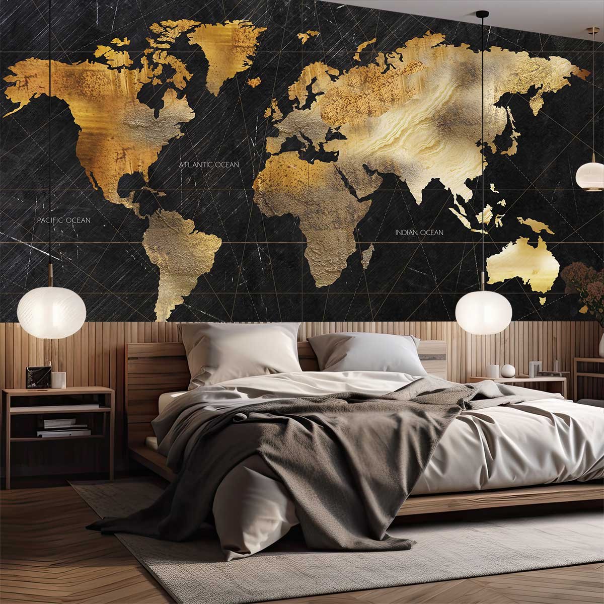 Papier peint carte du monde effet bois intissé, HEXOA