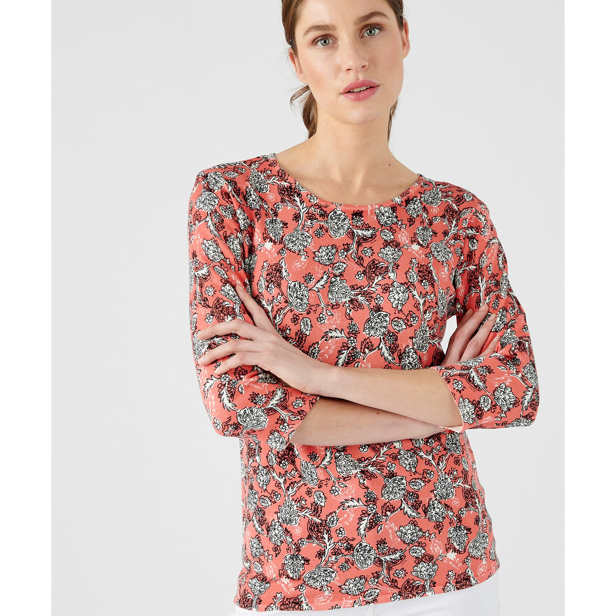 Pull maille fine manches 3/4 rose floral, DAMART
