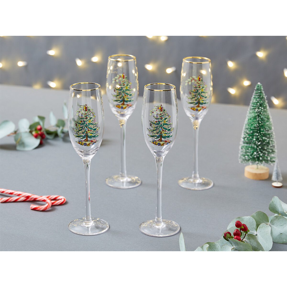Set of 4 Christmas Tree Champagne Flute Glasses transparent, SPODE