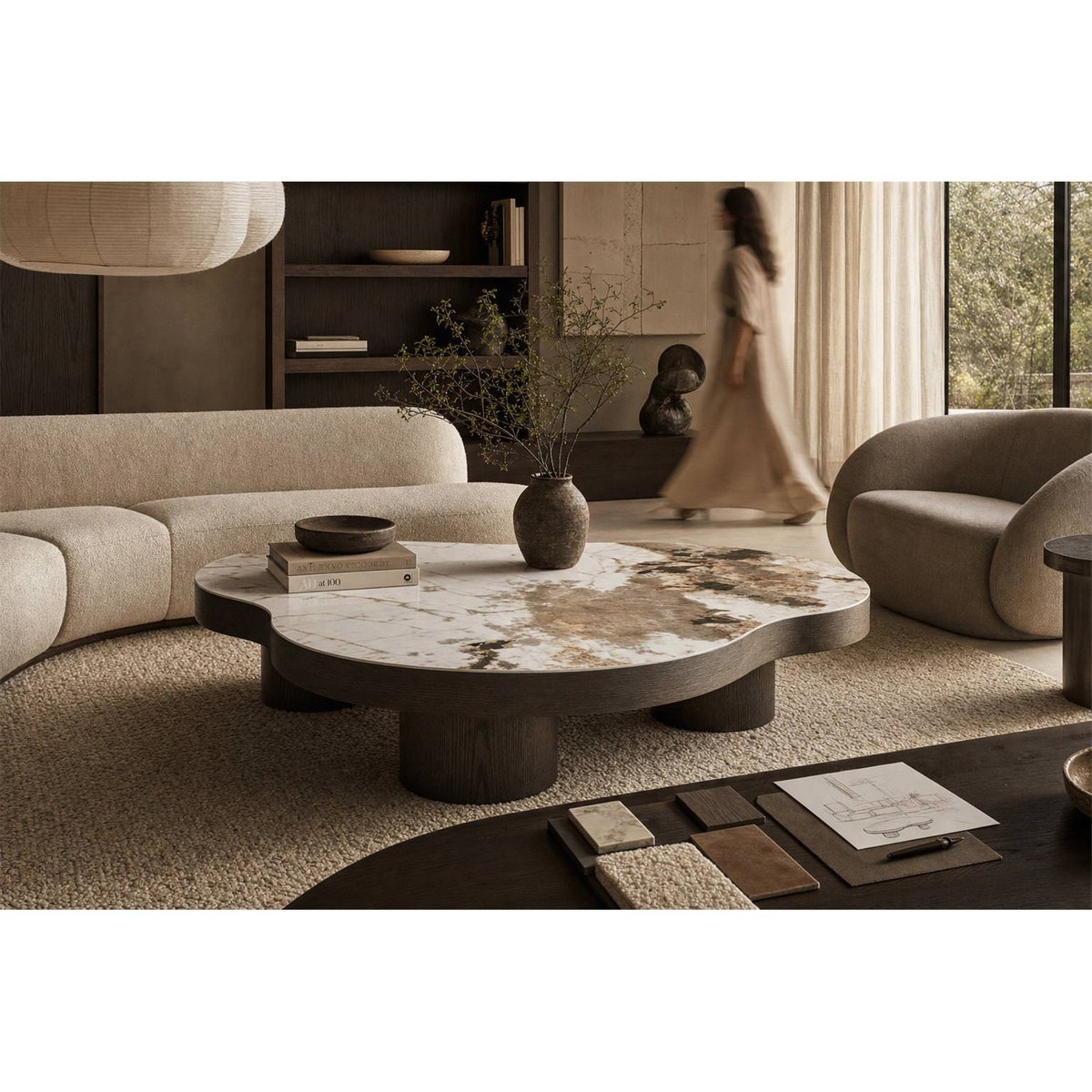 Table basse organique céramique LANGFORD marron brun et blanc veiné, RECOLLECTION