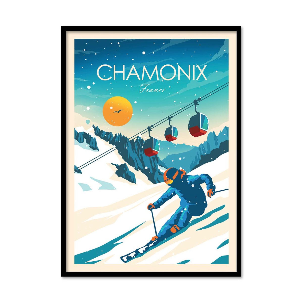 Affiche d'art - Chamonix - Studio Inception affiche d'art avec cadre bois noir, WALL EDITIONS