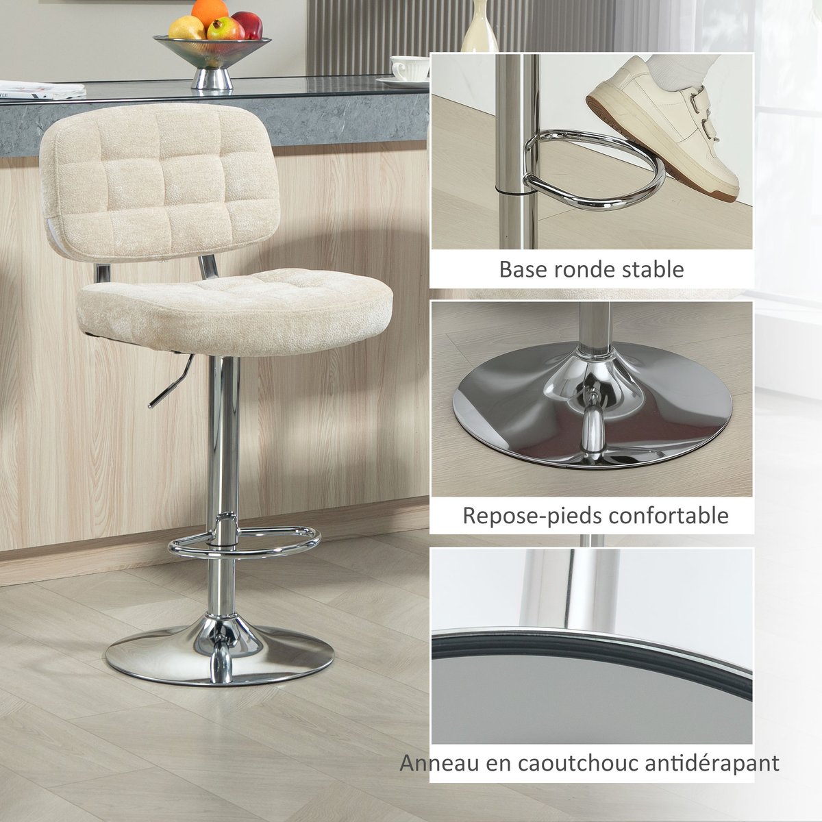 Tabouret de bar Chenille (100 % polyester) beige, HOMCOM