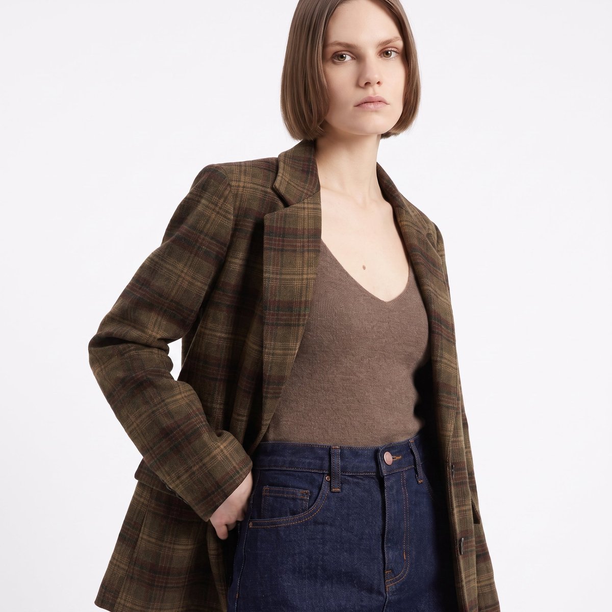 Veste femme blazer carreaux col tailleur poches à rabat EVERA brown, ARTLOVE