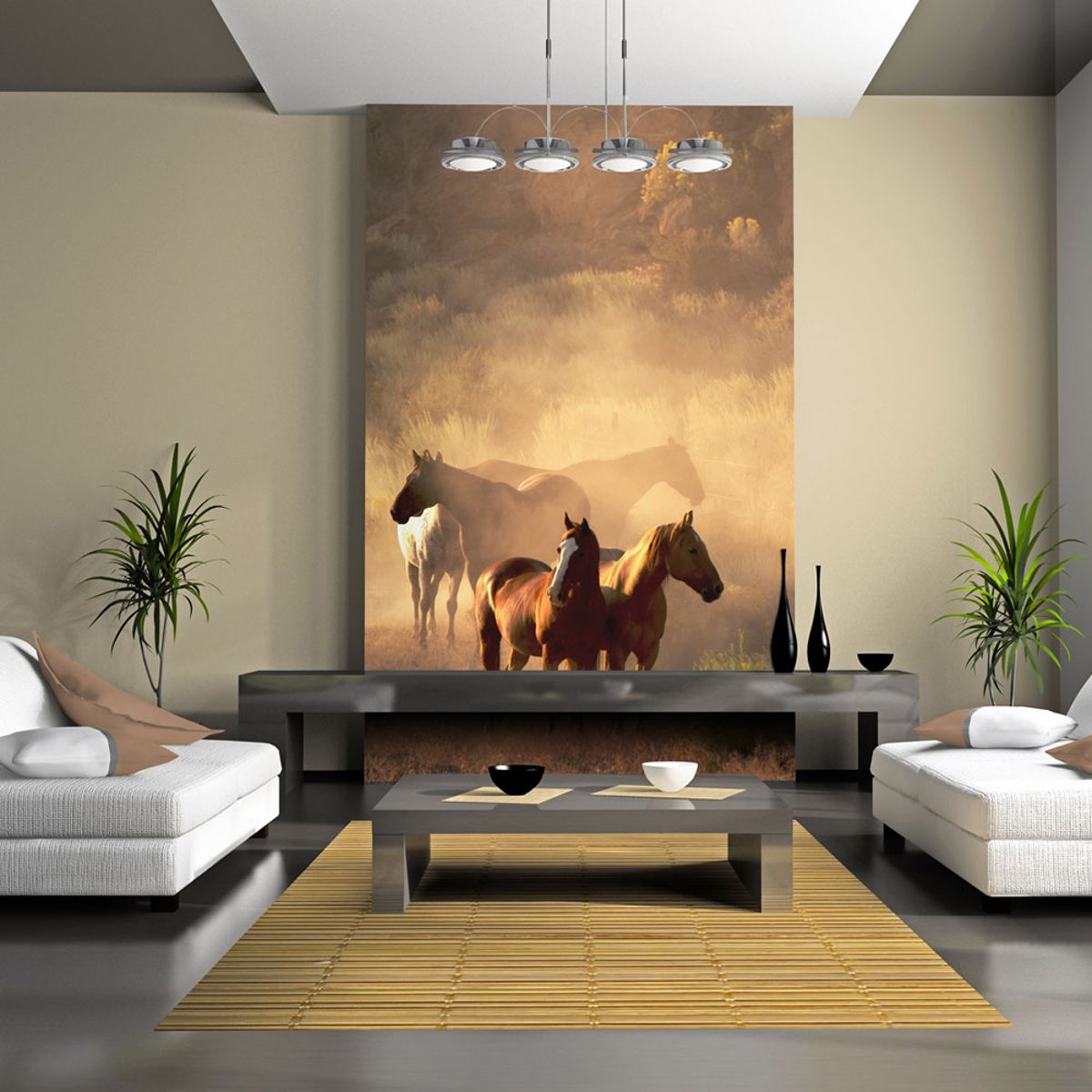 Papier peint intissé panoramique Animaux Chevaux sauvages en pleine steppe beige, EDEN