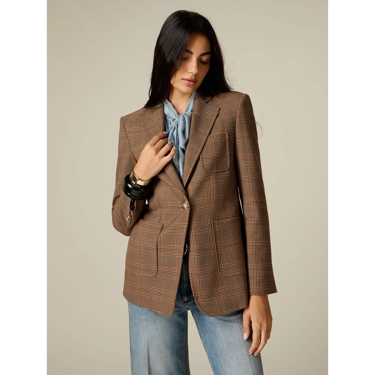 Blazer à carreaux avec broche marron, OLTRE