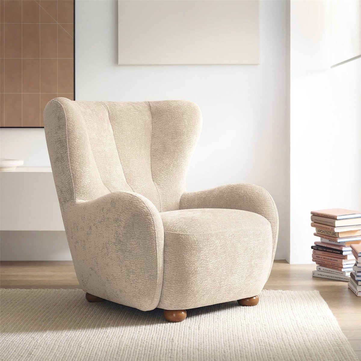 Fauteuil cabriolet enveloppant en bouclette beige chenille, RECOLLECTION