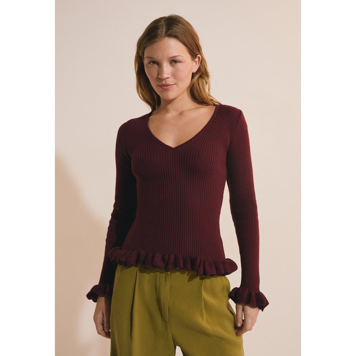 Pull col V avec détails manches A POLANA bordeaux grenat, ETAM